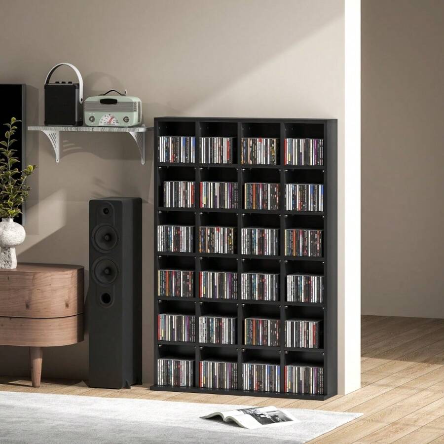 CD Storage Unit With Adjustable Shelves, 89 X 130.5, Black - Black + Engineered Wood - View 1