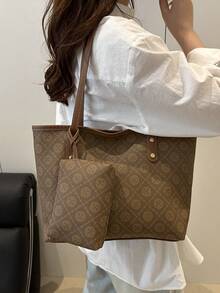1件女款時尚通勤拼色四季單肩包，便攜百搭大容量托特包，適合約會、購物、送禮、上班 - 棕色 - 查看 4