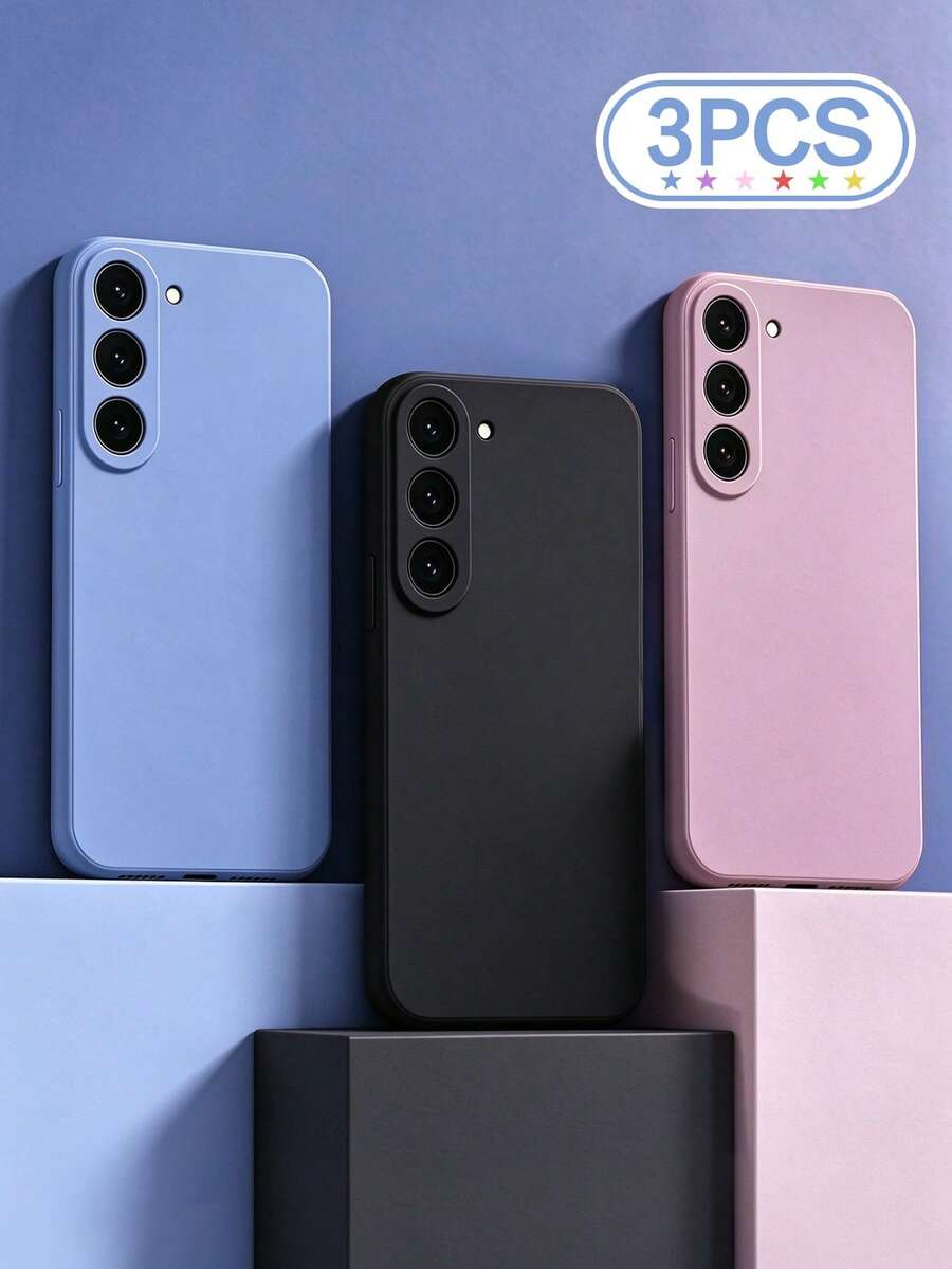 3pcs Solid Black/Grey/Pink Hollow Minimalist Fashion Anti-Drop Phone Case, Compatible With Samsung Galaxy S26 S26 U S25/S25PLUS/S25 Ultra/A16/A36/A26/A56/A50/A12/A32/A52/A72/A51/A21S/A13/A14/S24/S24PLUS/S24Ultra/S20/S23/S22/A53/S20FE/S21/, Compatible With Xiaomi 11/12Pro/12/12X/13Pro/14Pro/15Pro/X3pro/, Compatible With Redmi 10/9/Note9/12c/Note11pro/Note8Pro/9C/9a/, Anti-Drop Phone Protective Case - Multicolor - View 1
