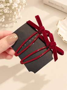 2pcs Girls Autumn/Winter Sweet Velvet Bow Side Fringe Hair Clips BB Snap Clips Suitable For Daily Matching - Multicolor - View 4