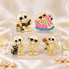 Funny Skull Enamel Lapel Pins, Cute Cartoon Skeleton Brooch Badge, Metal Decorative Pin For Jacket Backpack, Halloween Jewelry Gift For Man Women - Multicolor - View 5