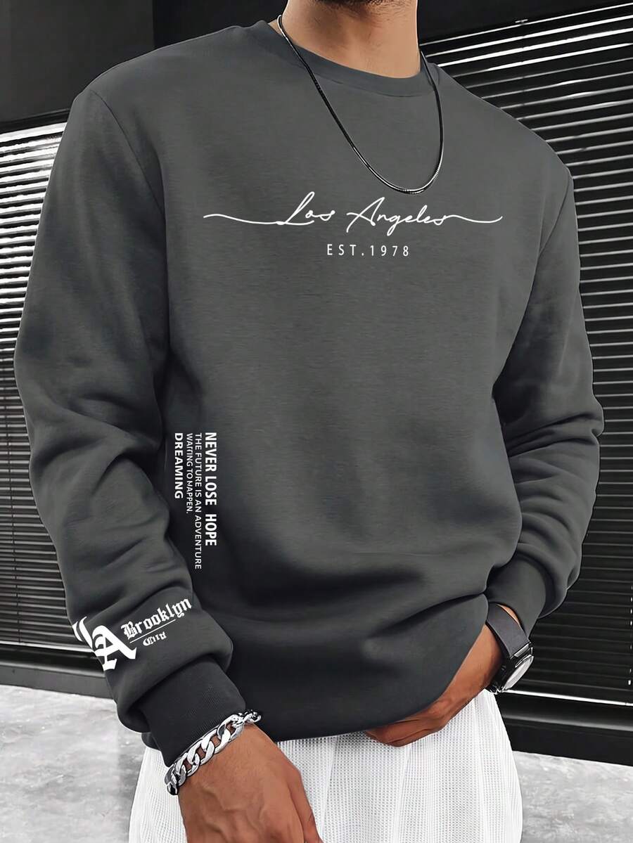Men's Vintage LA Handwritten Script Round Neck Sweatshirt, High Street Style, Loose Fit, Long Sleeve Top With Multiple Detail Prints