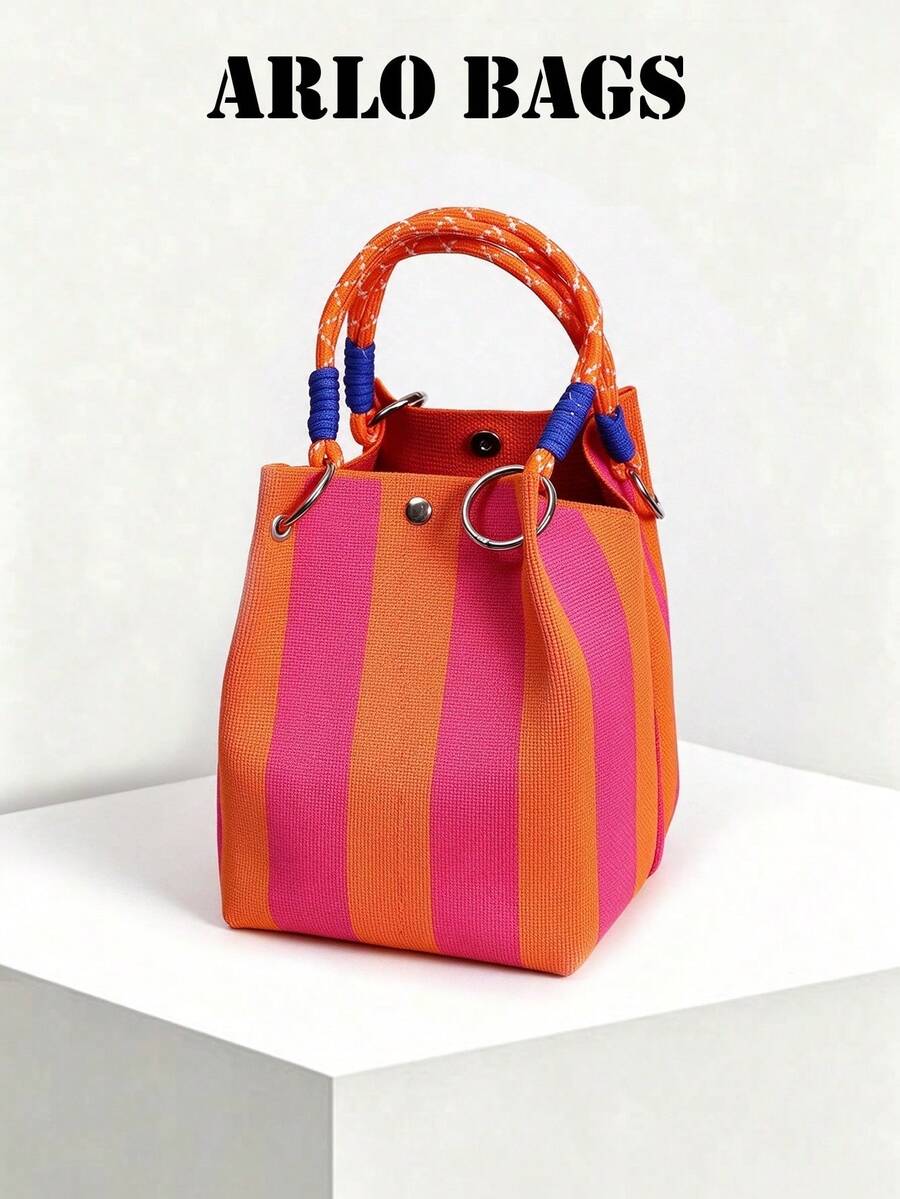 Striped Canvas Tote Bag, Elegant Bucket Bag Style, Multi-Functional Canvas Bag, Unique Woven Handle, Suitable For Daily Use, Street Style And Social Gatherings With Friends, Suitable For Girls, Women, Students And Office Workers. - Orange - View 1