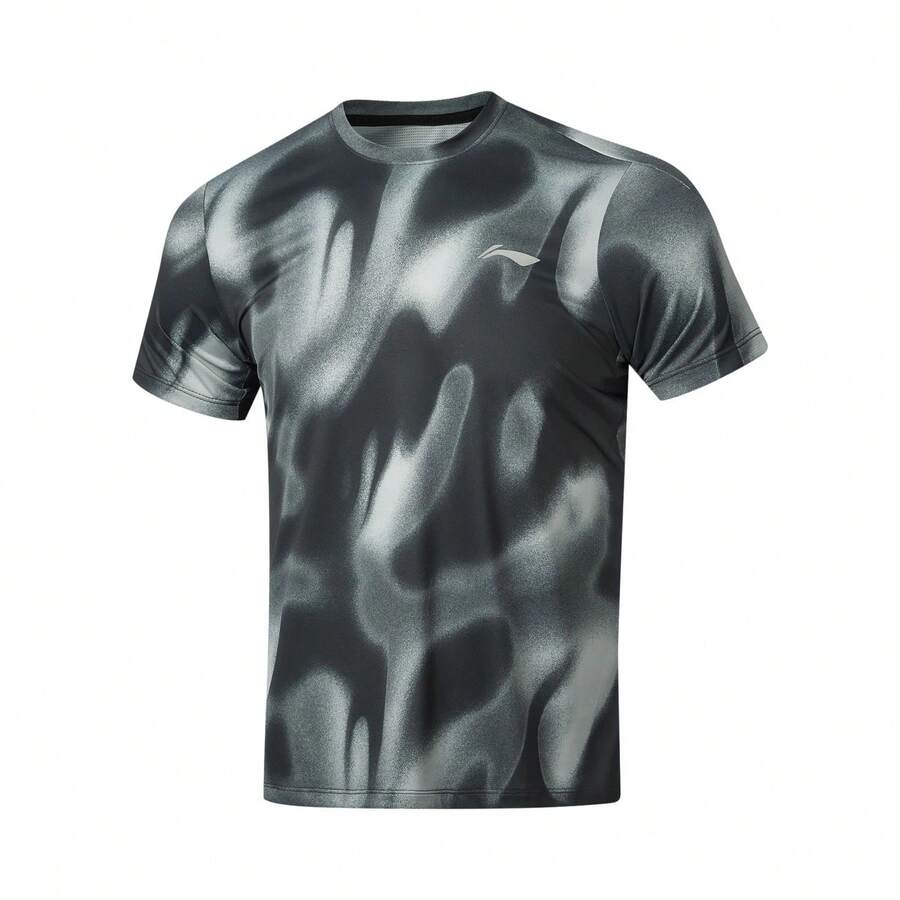 LI-NING Quick Dry Reflective Sports T-shirt ATSW137, Men's Summer Breathable Workout & Running Top - 黑滿底印 - 查看 1