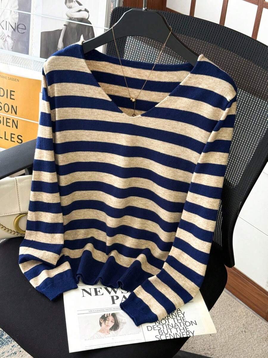 Women's Striped Knit Sweater Long Sleeve Spring/Autumn Pullover Top ...
