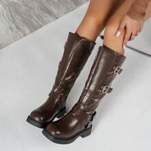 Multi-Buckle Thick Sole High Shaft Knight Boots, Retro Round Toe Side Zipper Height-Increasing Long Boots - Brown - View 4