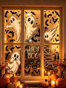 1/2/6pcs Halloween Ghost Static Window Stickers - Includes White Ghost, Black Bat, Pumpkin, Star, Spider Web And Spooky Text Patterns; Suitable For Windows, Mirrors, Door Decoration; Perfect For Adults, Visitors, Haunted House, Halloween "Trick Or Treat" Events And Party Decoration. - Multicolor - View 6