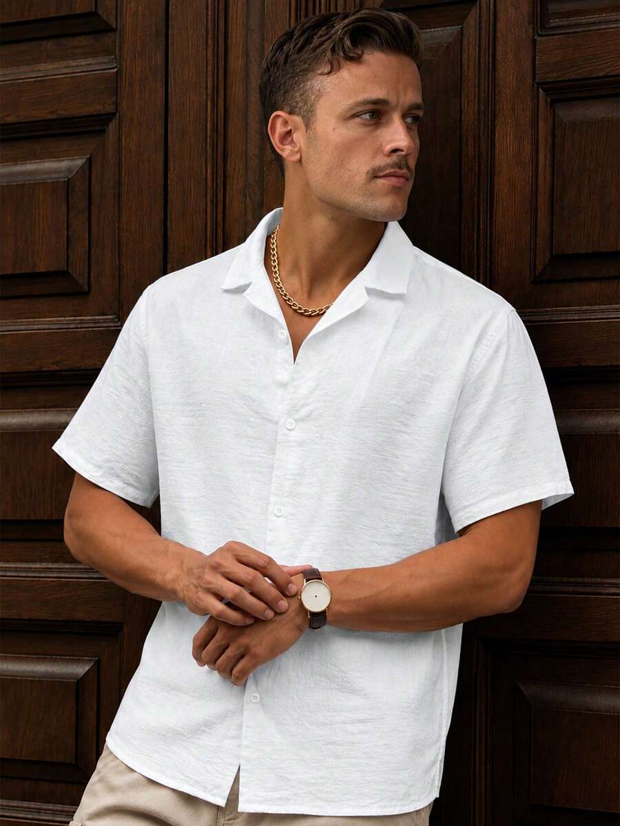 GloMan Men's Summer White Linen Blend Short Sleeve Shirt, Breathable Casual Top, Suitable For Beach, Vacation, Daily, Back To School, Gift For Husband/Father - White - View 1