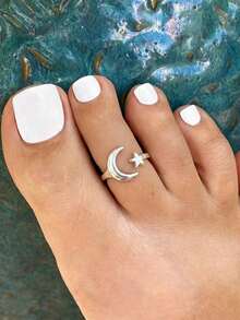 1pc S925 Sterling Silver Cute Minimalist Star & Moon Toe Ring, Fashionable Korean Sweet Casual Adjustable Foot Jewelry For Women - Stars and Moon - View 3