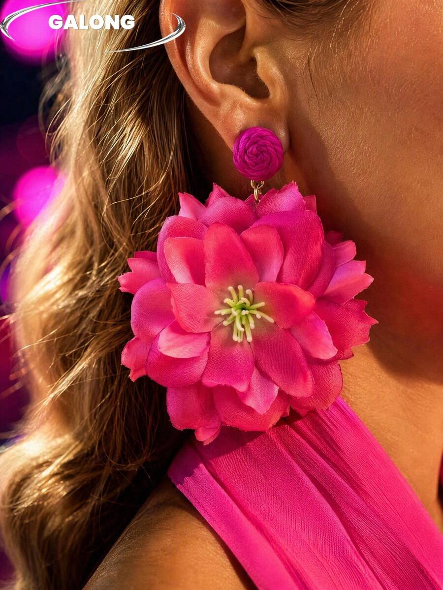 Light Luxury Yellow Fabric Large Flower Earrings, Wrapped Round Buckle Dangle Exaggerated Earrings, European And American Runway Bohemian Vacation Style Accessories