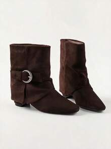 New Elastic Short Shaft Leg-Hugging Boots, Commuter Leather Square Toe Chunky Heel Back Zipper High Heel Slim Fit Boots - Coffee Brown - View 8