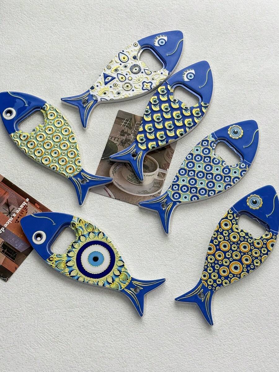 Ins Style Fashion Large Fish-Shaped Evil Eye Pattern Gold Foil Embossed Dual-Use Bottle Opener Refrigerator Magnet, Suitable For Home Decor, Daily Use And Holiday Gifts