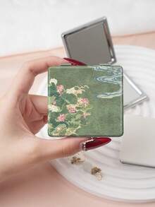 1PC Oil Painting Pastoral Series Portable Vanity Mirror, Foldable Lightweight Ultra-Thin Convenient Hand Mirror, PU Leather, Suitable For Multiple Scenarios And All People, Foldable Small Square Mirror, Pocket Mirror, Fresh Floral Lily Lotus Carnation Printed Pattern Design, Exquisite Handheld 180° Flip Cover Multi-Function Mini Mirror - Multicolor - View 9