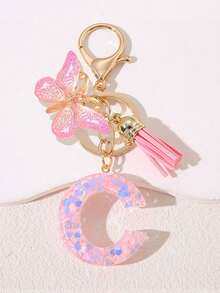 Women's Fashion Initial Keychain With Cute Butterfly Tassel Sequin Resin Letter Key Ring Pendant, Backpack Wallet Handbag Car Key Chain Charm, Valentine's Day Gift For Girlfriend - Pink - View 29