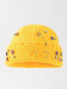 1pc Women's Y2K Colorful Rhinestone Distressed Pin Decor Knitted Hat, Outdoor Thick Warm Brimless Beanie, Suitable For Street Outdoor Punk Hip-Hop - Multicolor - View 8