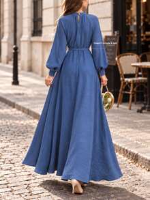 Fog Blue Ruffle Trim Elegant Women's 2 Pieces Set, Autumn Vintage Commute Vacation Full Skirt Outfit For Women - Teal Blue - View 7