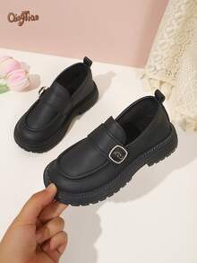 1 Pair Black Girls' Rhinestone Square Buckle Decor PU Material Round Toe Low-Top Slip-On Thick Sole British Style Loafers, Suitable For School, Daily Outings, 2026 New Style - Black - View 4