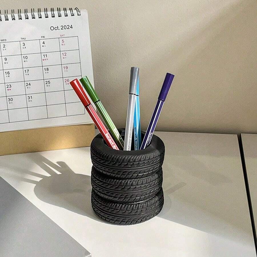 Creative Tire-Shaped Pen Holder | Desktop Organizer And Storage For Home And Office | Multi-Functional Makeup Brush Holder With Decorative Design - Multicolor - View 1