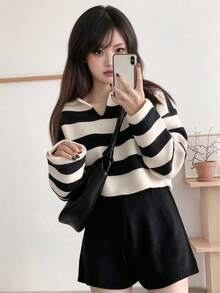 YCYC Black Apricot Striped Knit Sweater Women Spring Autumn Short Loose Collar Pullover - Multicolor - View 4