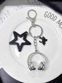 High-Quality 3D Silver Sports Earphone Keychain, Black Large Five-Pointed Star Bag Accessory, Suitable For Girls - Black - View 6