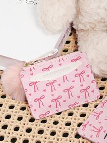 Fashionable Bow Printed Zipper Card Bag, Adorned With A Delicate Pom-Pom, Large Capacity Credit Card Package, Suitable For Outdoor Use - Hot Pink - View 7