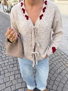 Women's Knitted Lace-Up V-Neck Cardigan, Decorated With Red Heart Pattern, Long Sleeve Design, Perfect Choice For Autumn Outfit. - Apricot - View 5