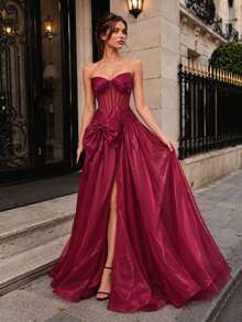VIPGIRL Burgundy Satin Evening Dress Strapless Sheer Corset Big Bow High Slit Backless Lace Up Ball Gown Floor Length Prom Formal Gala Maxi Dress - Red - View 5