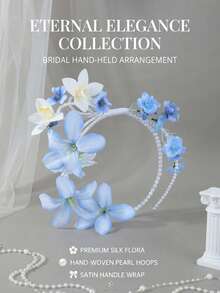 1pc Blue & White Lily Flower Ring Pearl Tassel Bouquet, Elegant Bridal Wedding Ceremony Photography Prop - Baby Blue - View 3