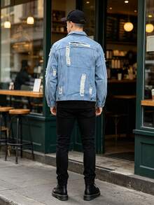 Men's Loose Light Blue Denim Jacket, Distressed Ripped Regular Fit, Button Front Closure, Flap Pockets, Vintage Rock Style Casual Streetwear - Baby Blue - View 2
