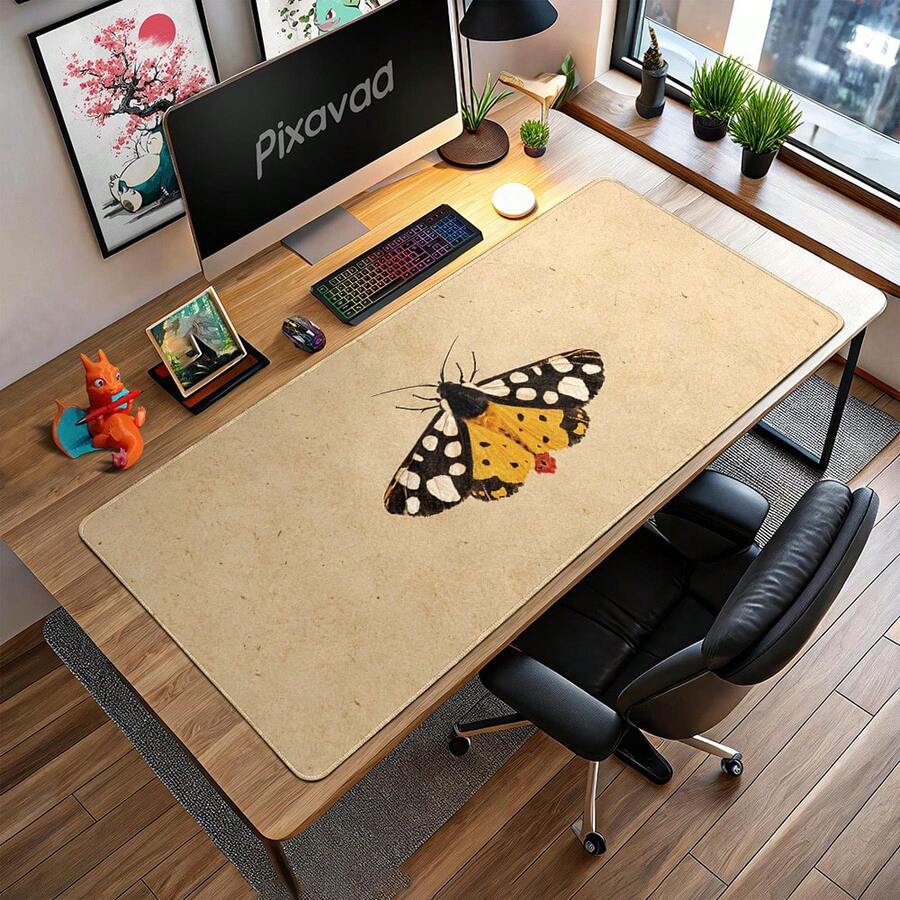 Yellow Black Spotted Moth Extended Mouse Pad, Natural History Insect Illustration On Vintage Paper Large Desk Mat, Non-Slip Smooth Cloth & Natural Rubber For Office Gaming Home Study Workspace, 3 Sizes Available - View 1