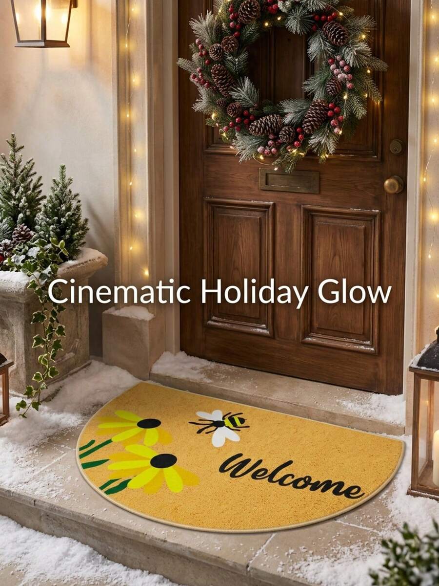 Semi-Circular Welcome Doormat, Sunflower & Bee Welcome Pattern, Bright Welcoming Decorative Design, Edged Construction Adds Layered Look To Entrance, Suitable For Front Door, Entryway, Foyer And Hallway - Brown - View 1