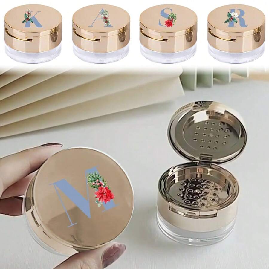 Makeup Organizer Portable Empty Loose Powder Container Refillable Cosmetic Sifter Box With Built In Mirror Travel Compact Makeup Case Ideal Gift For Girls Initial Name Blue 26 Letters Pattern - Gold - View 1