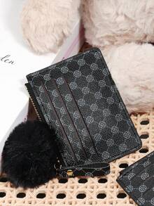 Women's Presbyopia Printed Credit Card Storage Wallet With Zipper Closure, Adorned With A Delicate Pom-Pom, Suitable For Portable Use - Black - View 7