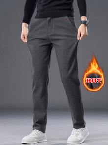 Men's Elastic Waist Slanted Pocket Thermal Lined Warm Casual Long Pants, Autumn/Winter - Dark Grey - View 3