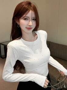 Women's Solid Color Rhinestone Embellished Round Neck Long Sleeve Fitted Short Casual Top White - White - View 5