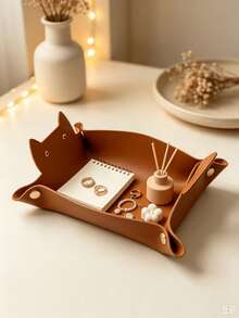 1pc Cat Shaped Storage Tray, Minimalist Faux Leather Foldable Decorative Tray With Metal Button Details, Desktop Catchall Organizer For Entryway Bedroom Daily Use - Multicolor - View 15