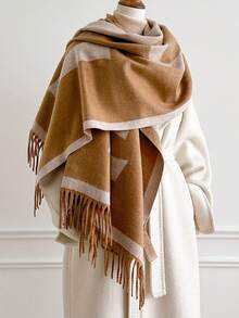 1pc Oversized Letter Jacquard Tassel Warm Scarf 195*65cm, Thick Brushed‑Polyester Faux Cashmere, Fall Winter Multi‑Use As Scarf Shawl For Travel Party - Multicolor - View 7