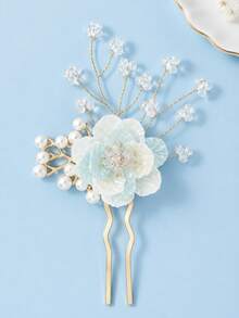 1Pc Elegant Flower Faux Pearl U Shaped Hair Fork, Bridal Hair Pin Wedding Party Hair Accessory For Women - Multicolor - View 9