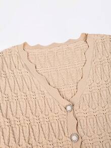 Yuwenier Apricot Chunky Knit Cardigan, Wavy Edge V-Neck, Front Button Design, Long Sleeve Slim Fit Cropped Top, Soft Fabric, Spring/Autumn Casual Daily Wear - Khaki - View 7