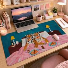 Tiger Pizza Night Illustration Extended Mouse Pad, Whimsical Bedroom Animal Art Pink Quilt Large Desk Mat With Stitched Edge, Smooth Cloth & Natural Rubber For Gaming Office Home Study Desk, 3 Sizes Available - View 4