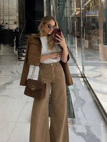 Women's High Waist Corduroy Wide Leg Pants, Single Button Zipper Fly, Square Patch Pockets, Solid Color Casual Long Pants - Khaki - View 9