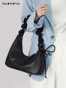 Korean Fashion Versatile Girl's Commuter Chic High-Quality Soft Leather Large Capacity Adjustable Strap Ruched Cloud Handbag, French Underarm Or Crossbody Shoulder Bag For Spring/Summer, School, Party, Gift - Black - View 2