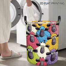 1pc Colorful Cartoon Sheep Print Round Laundry Hamper, Foldable Fabric Storage Bucket With Dual Handles, Dirty Clothes & Toy Organizer For Bedroom Nursery - Multicolor - View 1