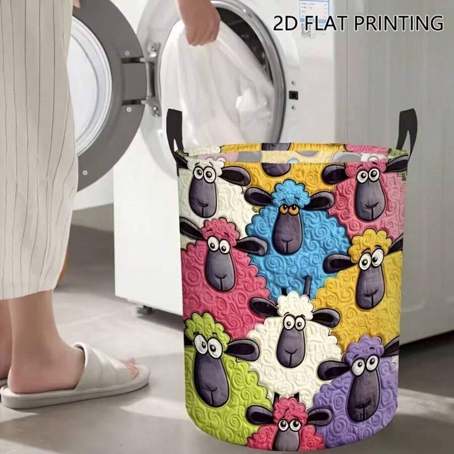1pc Colorful Cartoon Sheep Print Round Laundry Hamper, Foldable Fabric Storage Bucket With Dual Handles, Dirty Clothes & Toy Organizer For Bedroom Nursery - Multicolor - View 1