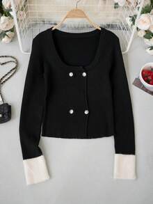 2026 Square Neck Double-Breasted Gold Button Ribbed Knit Cardigan, Black & White Contrast Color Fuzzy Cuffs Short Slim Fit Flattering Long Sleeve Jacket - Black - View 6