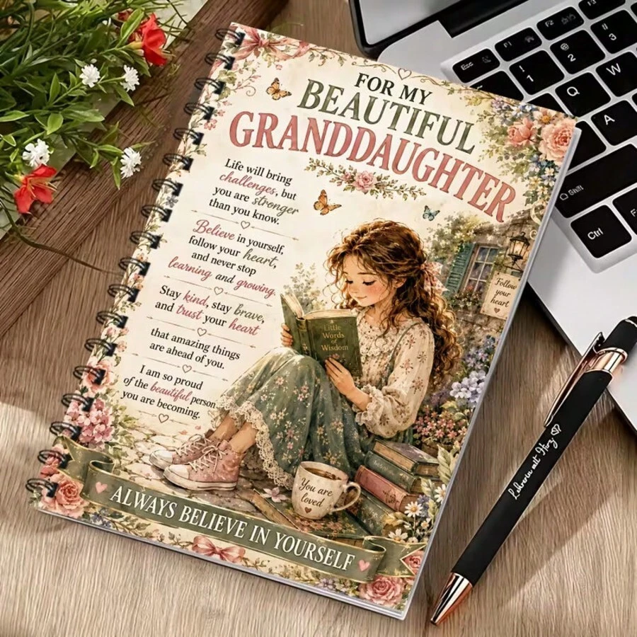Untuk Cucu Perempuanku Tercantik, Buku Catatan Spiral A5, 1 buah Sampul Jurnal Sentimental dengan Gambar Cucu Perempuan yang Sedang Membaca, Mawar, Kupu-kupu, Bunga Taman, Kutipan Penyemangat, Pita "Percayalah pada Diri Sendiri" dan Gaya Hadiah Kenang-kenangan, Pena Tidak Termasuk - Satu buku (50 halaman, 100 halaman) - View 1