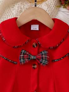 Baby Girl Autumn/Winter Red Overcoat, Double Layer Peter Pan Collar Plaid Trim Bow Single-Breasted A-Line Long Jacket - Red - View 7