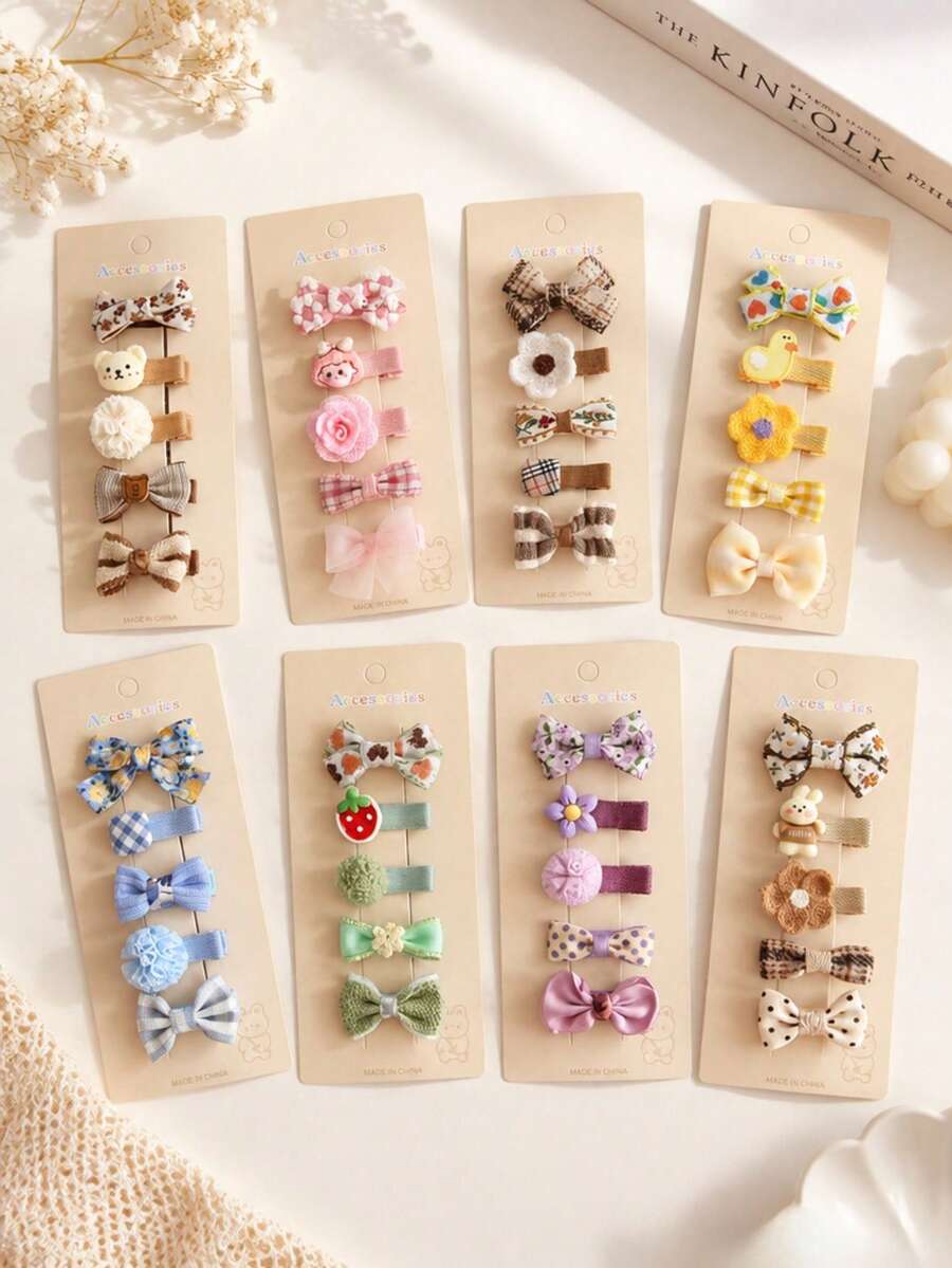 Bộ 5 kẹp tóc bé gái với họa tiết nơ ngọt ngào, hoa và hoạt hình, thiết kế chống trượt, phù hợp cho bé gái đeo hàng ngày
