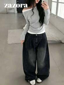 Design Contrast Color 2 In 1 Asymmetric Shoulder Long Sleeve T-Shirt, Sweet Cool Hot Girl Style Versatile Slim Fit Top - Light Grey - View 9