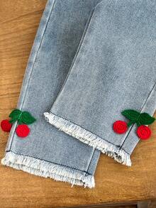 Baby Girl Sweet Cherry Theme 2-Piece Set: Red & White Striped Crochet Cherry Vest With Ruffle Trim Long Sleeve 2-In-1 Top + Frayed Straight Leg Denim Jeans, With 3D Cherry Decor, Fashionable & Cute Spring/Autumn Outfit - Red - View 8